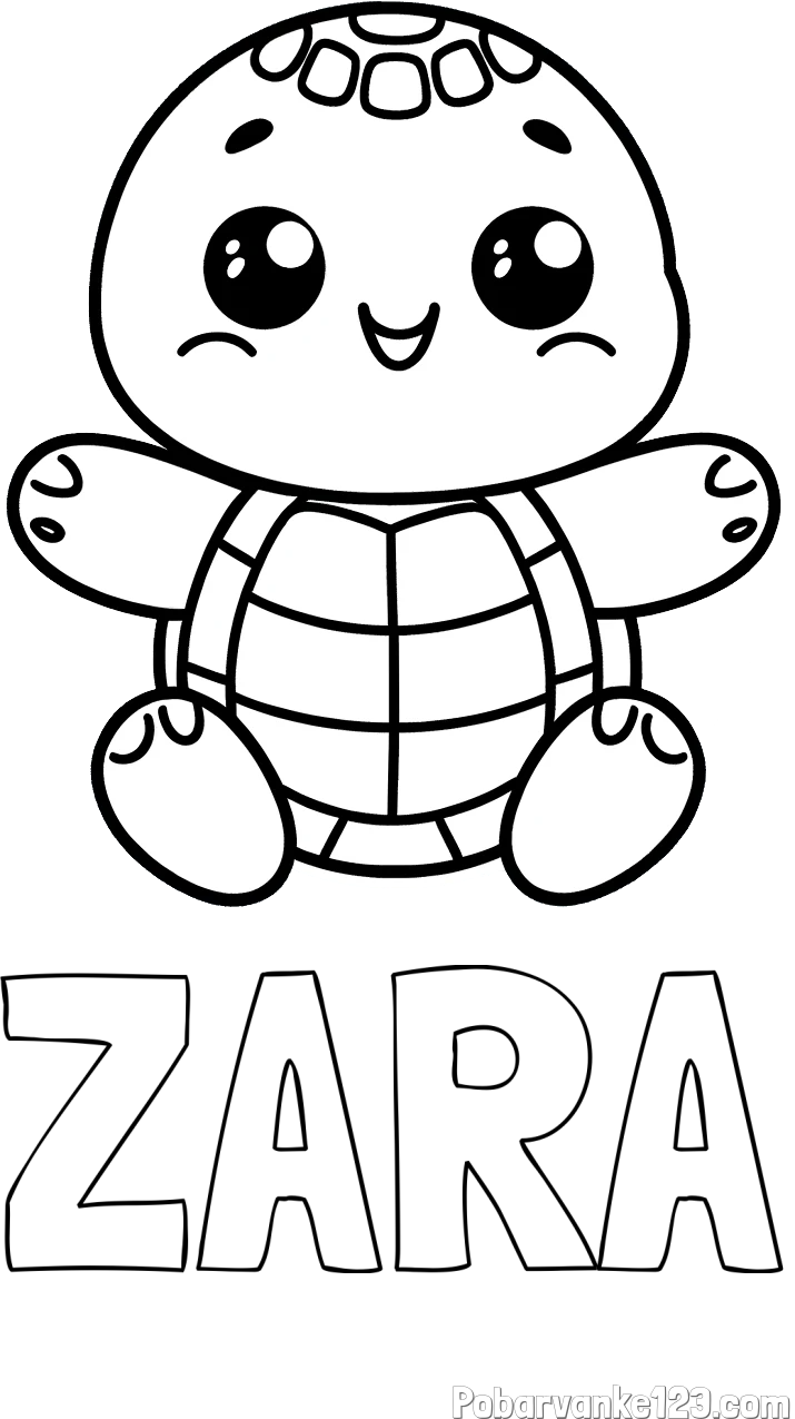 Pobarvanka imena ZARA in otroška pobarvanka ljubke in nasmejane želvice