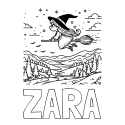 Online izdelana pobarvanka - Pobarvanka imena ZARA in pobarvanka čarovnice, ki leti na metli