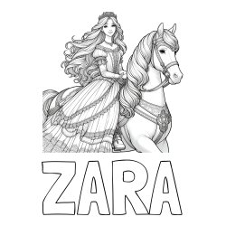 Pobarvanka imena ZARA in pobarvanka nasmejana princese na konju