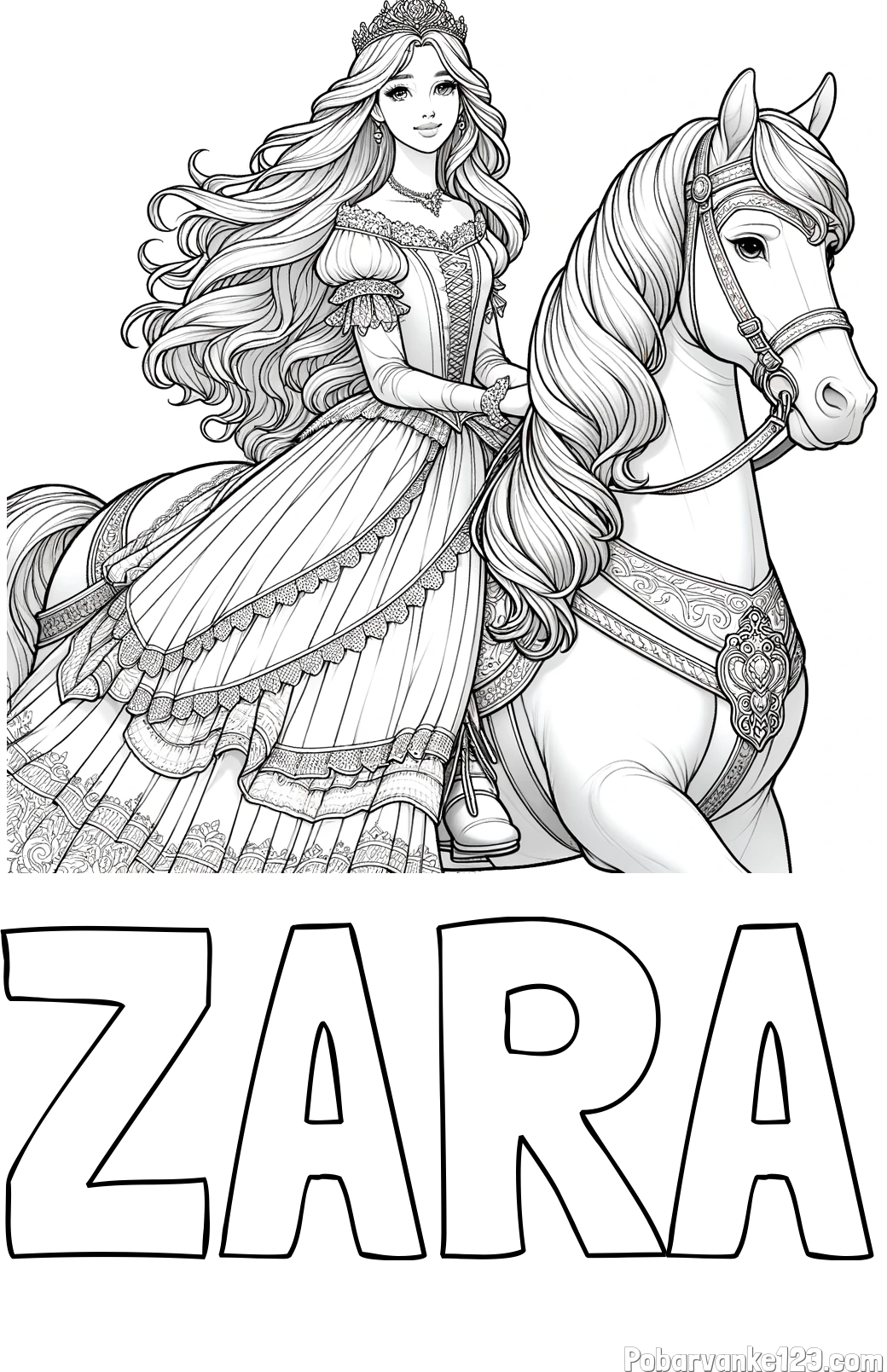 Pobarvanka imena ZARA in pobarvanka nasmejana princese na konju