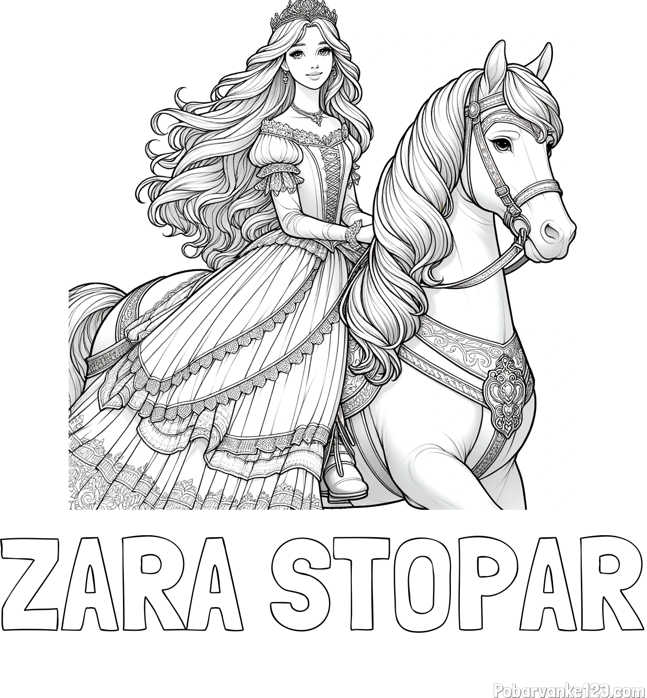 Pobarvanka imena ZARA STOPAR in pobarvanka nasmejana princese na konju