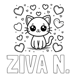 Online izdelana pobarvanka - Pobarvanka imena ŽIVA N. in pobarvanka ljubke mucke obdane z veliko srčki