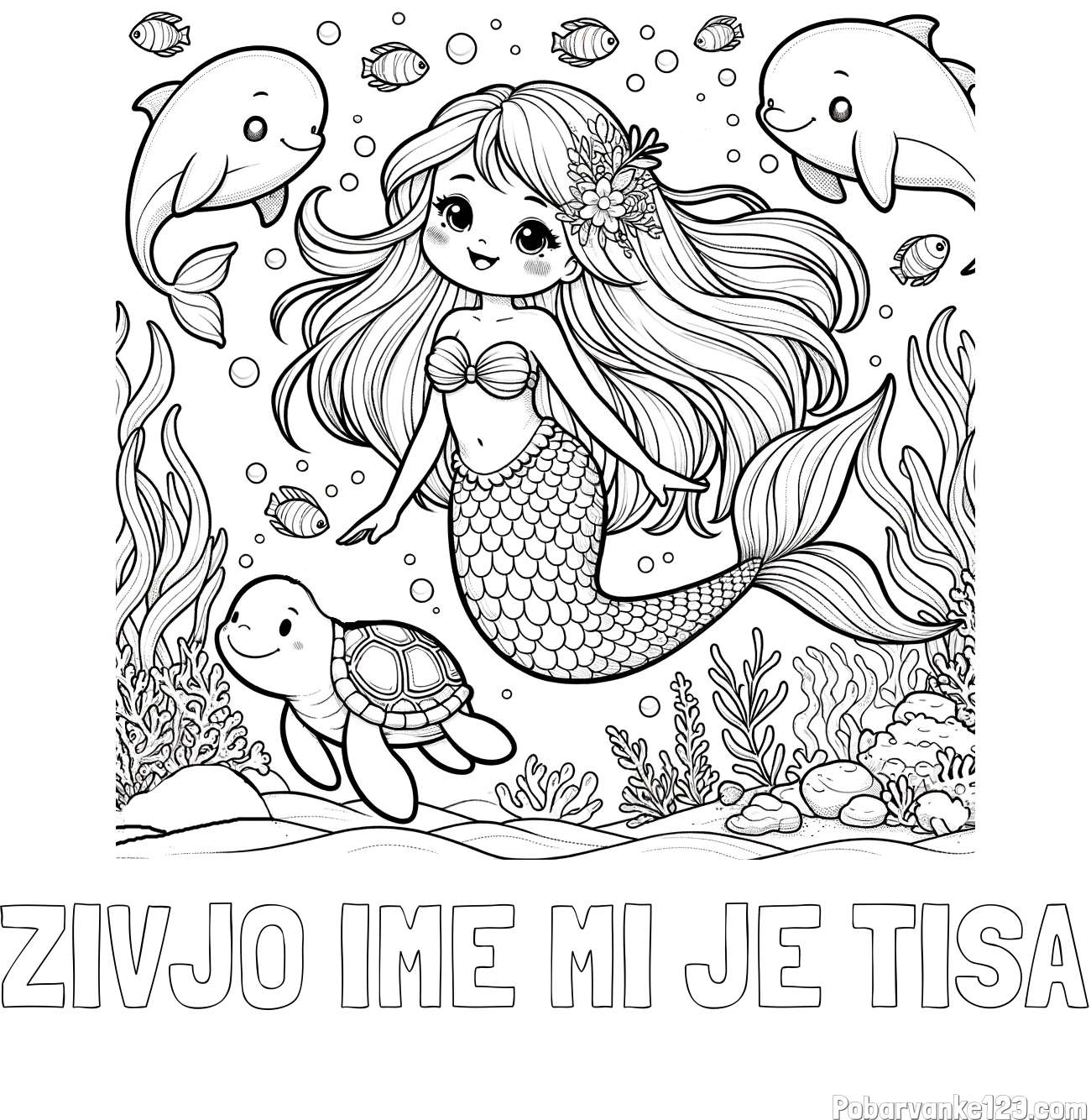 Pobarvanka imena ŽIVJO IME MI JE TISA in pobarvana ljubke morske deklice s prijatelji