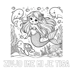 Online izdelana pobarvanka - Pobarvanka imena ŽIVJO IME MI JE TISA in pobarvana ljubke morske deklice s prijatelji