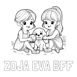 Online izdelana pobarvanka - Pobarvanka imena ZOJA EVA BFF in pobarvanka prijateljic s kužkom