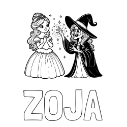 Online izdelana pobarvanka - Pobarvanka imena ZOJA in pobarvanka zlobne čarovnice, ki poskuša začarati princesko