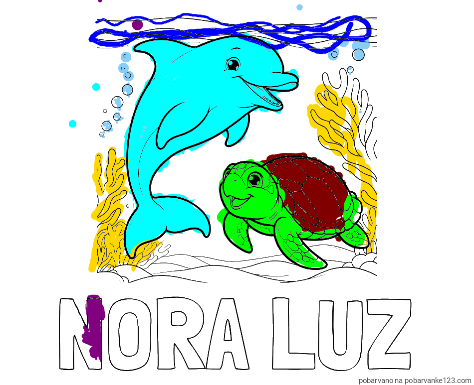 POBARVANA POBARVANKA - Pobarvanka imena NORA LUZ in pobarvanka ljubkega delfina z želvo v morju