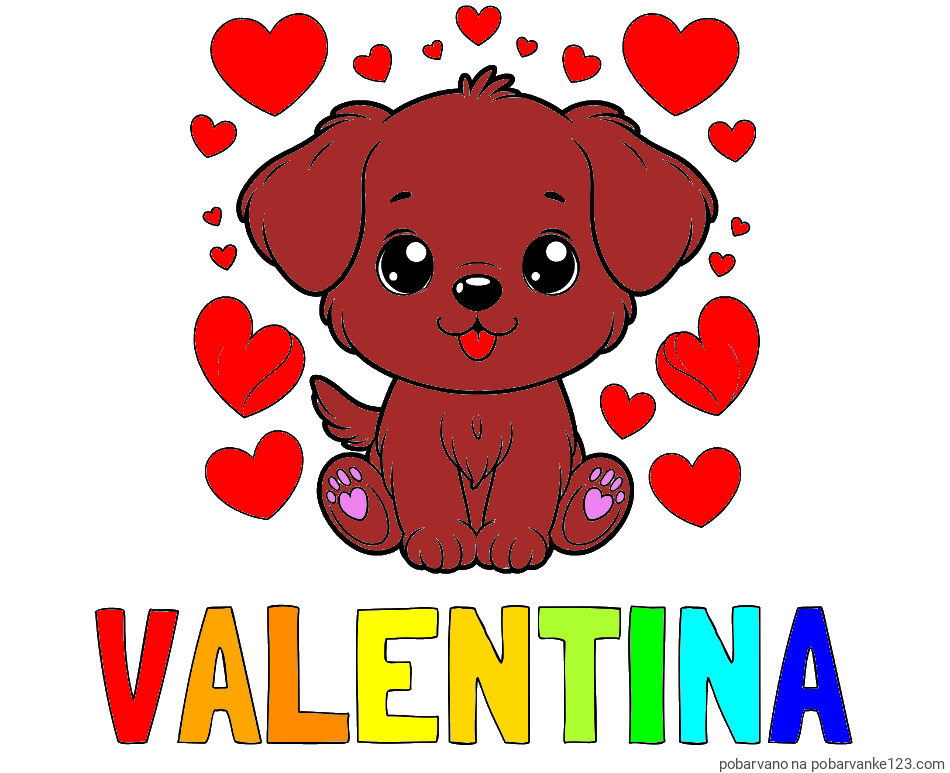 POBARVANA POBARVANKA - Pobarvanka imena VALENTINA in pobarvanka ljubkega kužka obdanega s srčki
