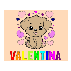 Pobarvana pobarvanka - Pobarvanka imena VALENTINA in pobarvanka ljubkega kužka obdanega s srčki