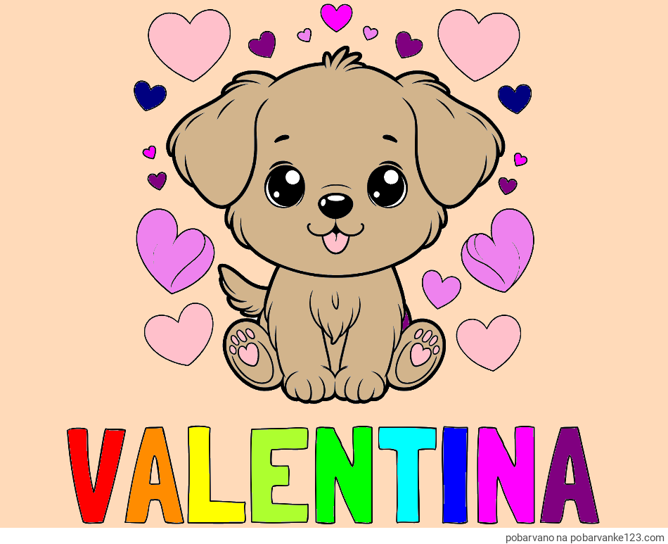 POBARVANA POBARVANKA - Pobarvanka imena VALENTINA in pobarvanka ljubkega kužka obdanega s srčki