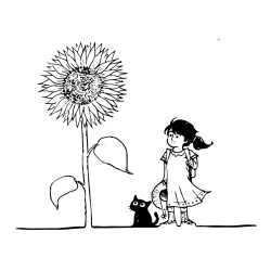 Pobarvana pobarvanka - Pobarvanka velike sončnice, deklice in ljubkega mačka