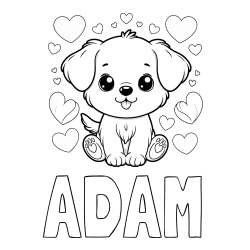 Online izdelana pobarvanka - Pobarvanka imena ADAM in pobarvanka ljubkega kužka obdanega s srčki