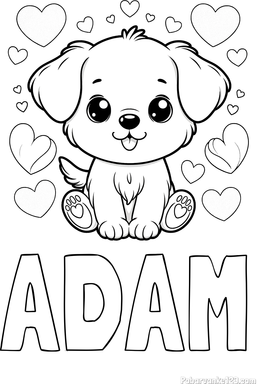 Pobarvanka imena ADAM in pobarvanka ljubkega kužka obdanega s srčki