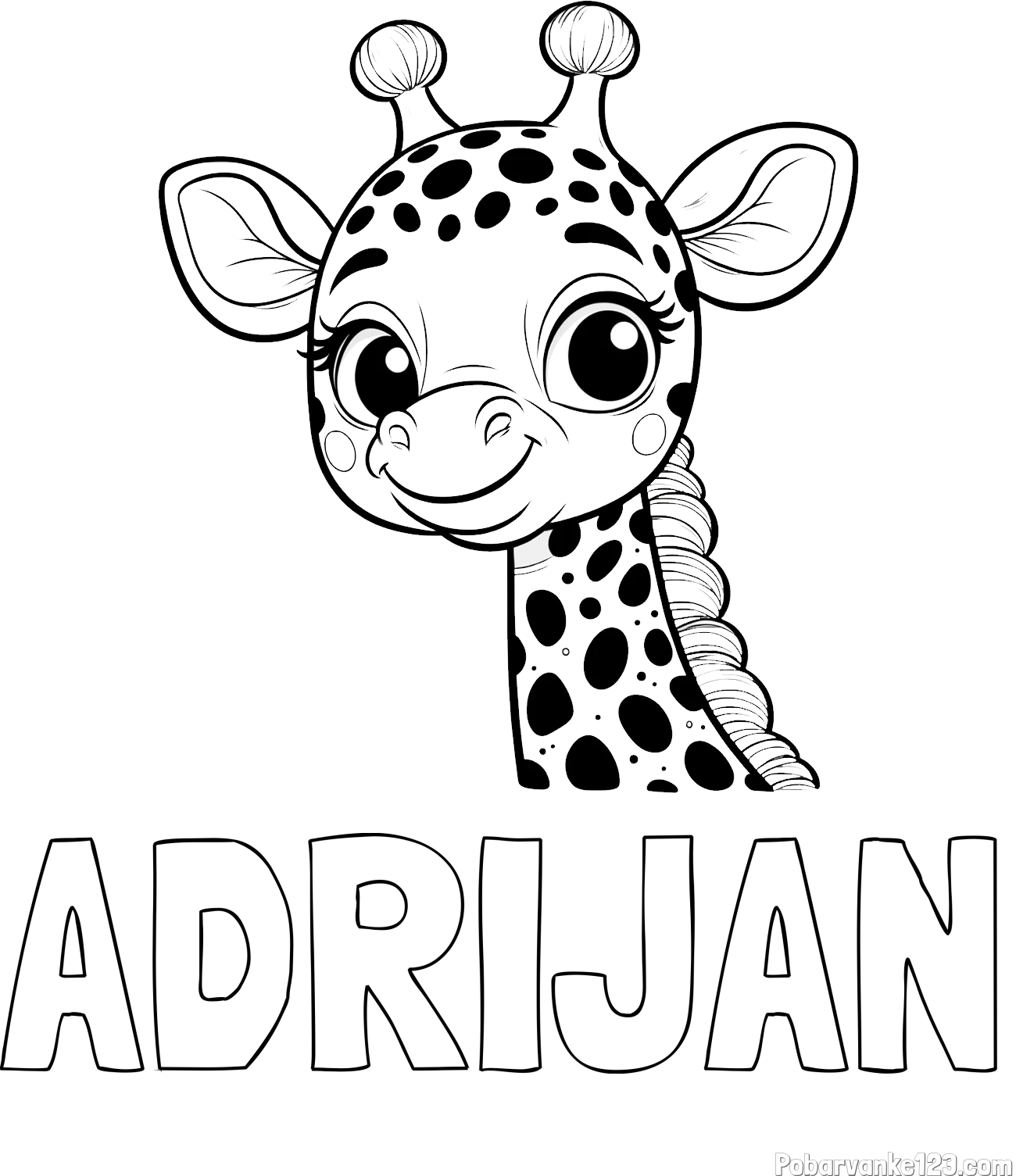 Pobarvanka imena ADRIJAN in pobarvanka ljubke žirafe z velikimi očmi