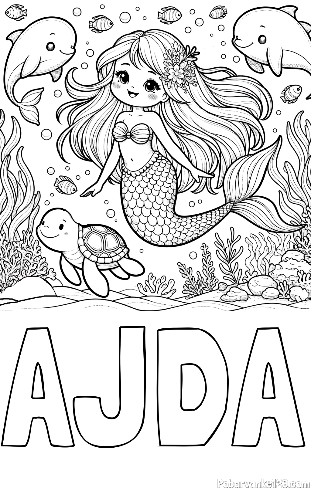 Pobarvanka imena AJDA in pobarvana ljubke morske deklice s prijatelji
