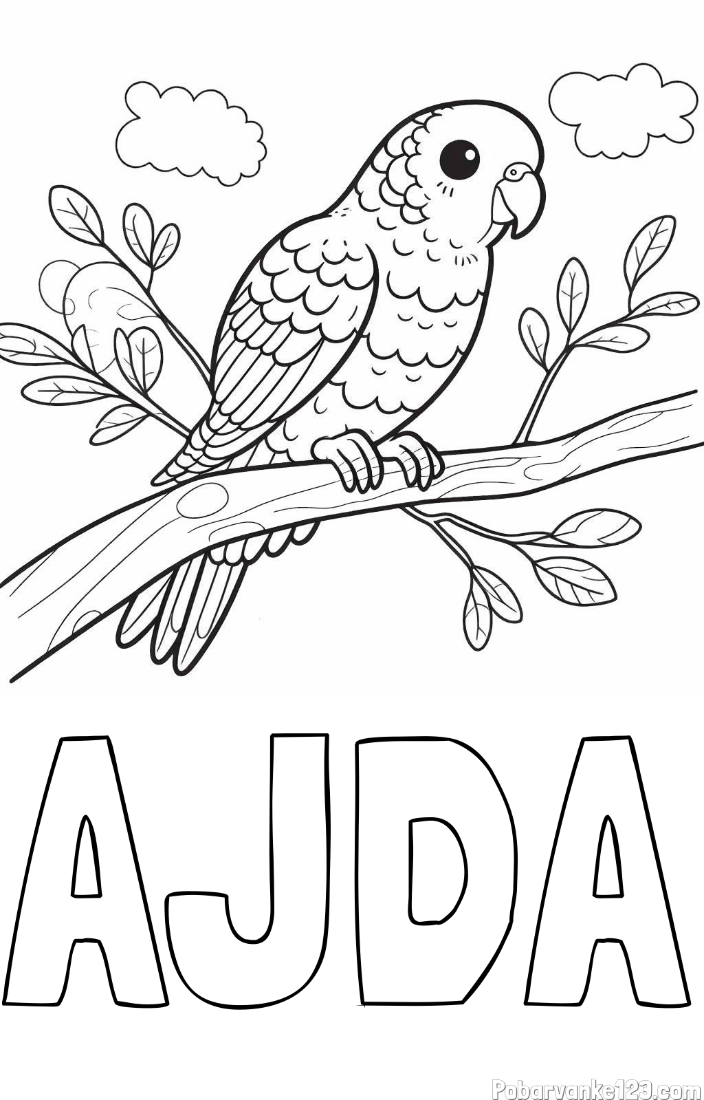 Pobarvanka imena AJDA in pobarvanka ljubkega kanarčka na veji