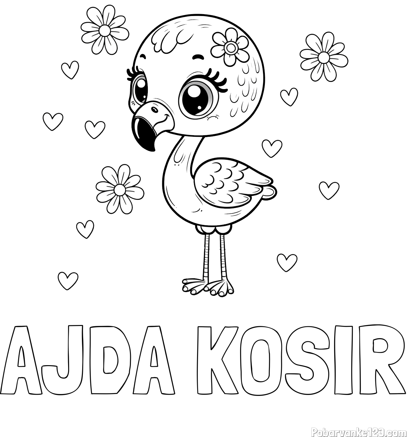 Pobarvanka imena AJDA KOŠIR in pobarvanka mladička flaminga z rožicami in srčki