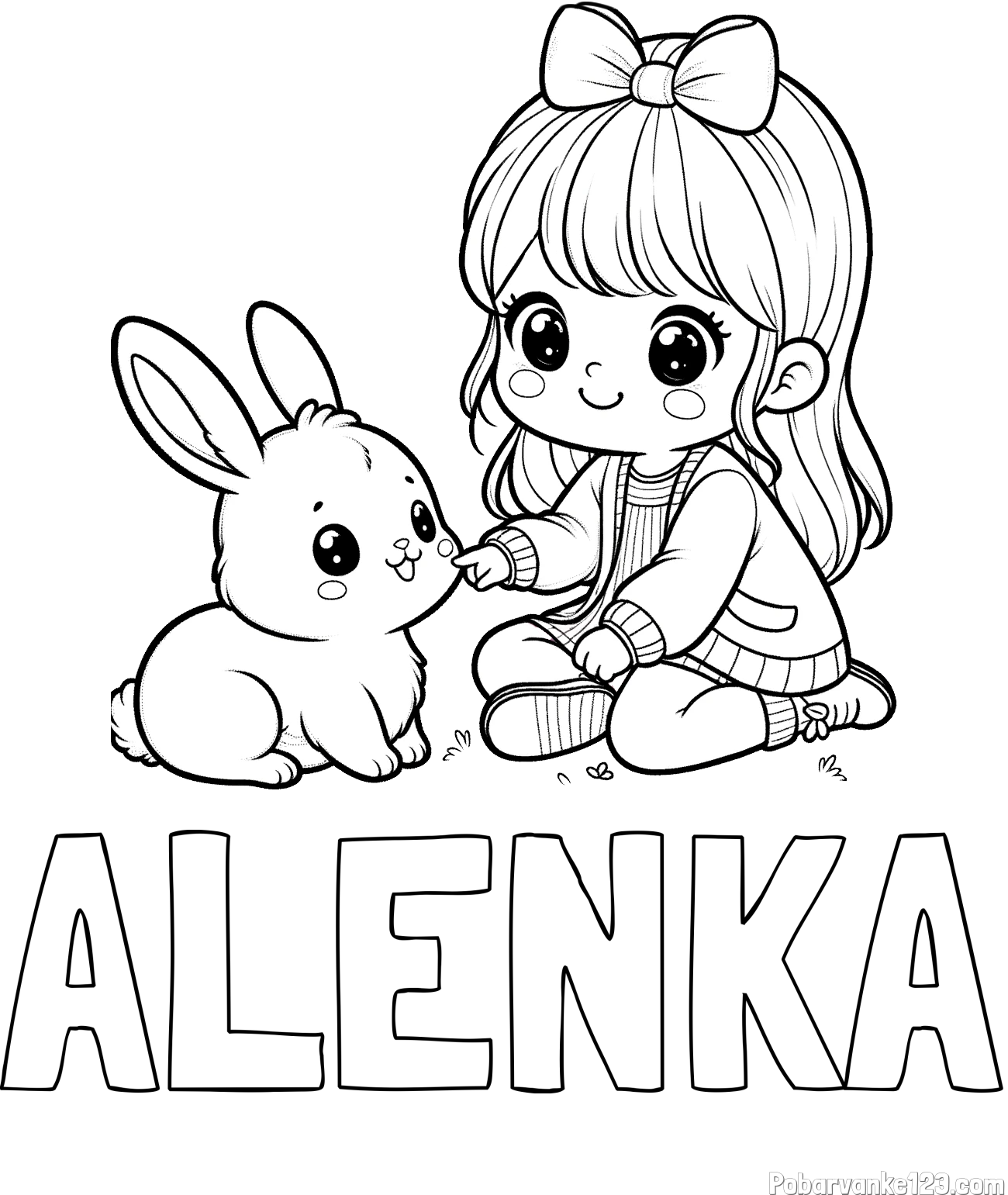 Pobarvanka imena ALENKA in pobarvanka ljubke punčke, ki se igra z zajčkom