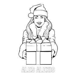Online izdelana pobarvanka - Pobarvanka imena ALEŠ ALEXIS in pobarvanka ženske oblečene v Božička z darilom