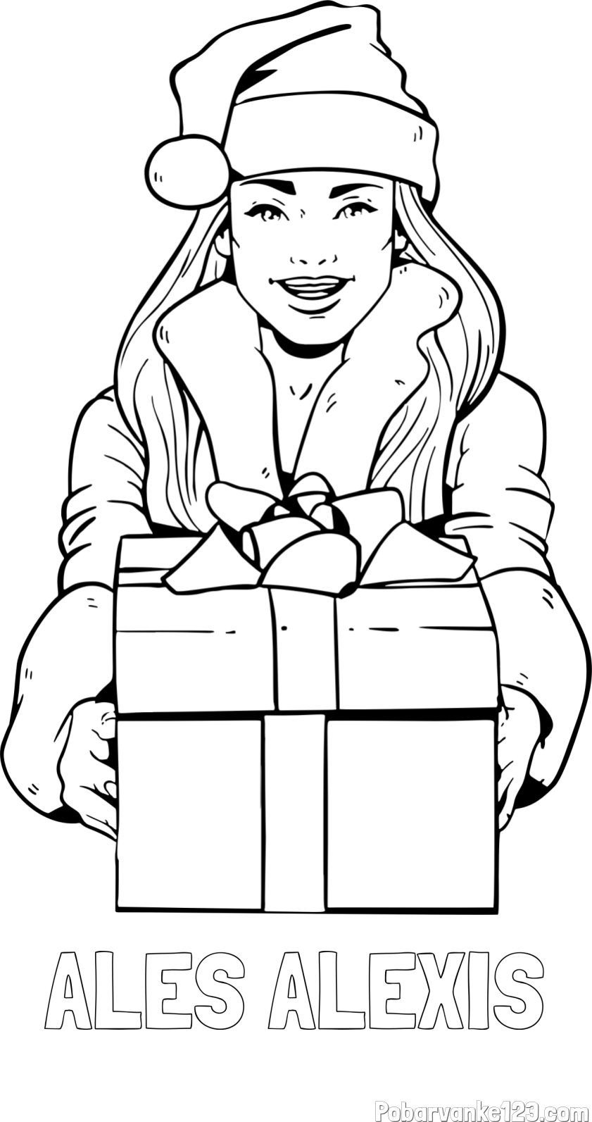 Pobarvanka imena ALEŠ ALEXIS in pobarvanka ženske oblečene v Božička z darilom