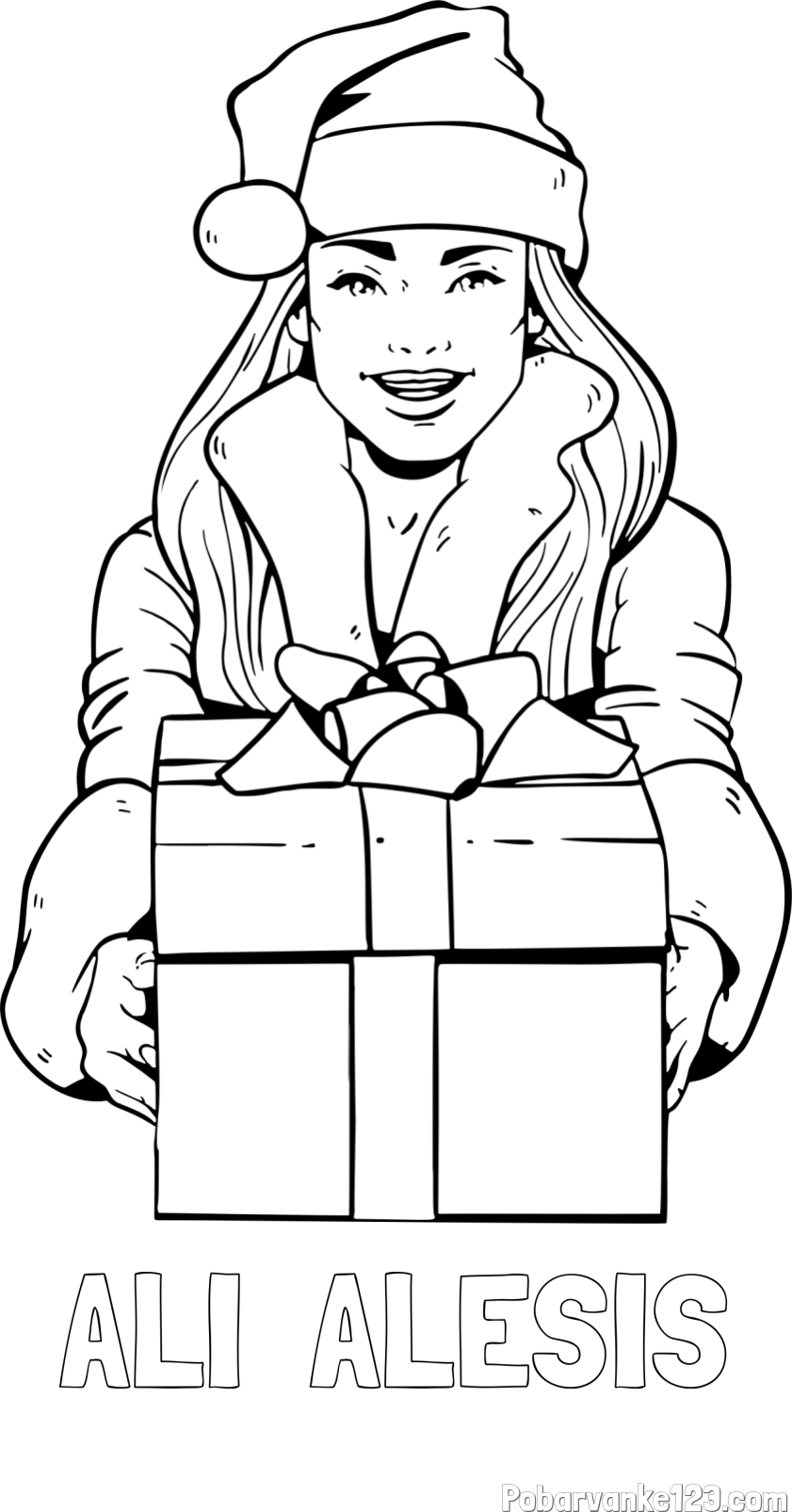 Pobarvanka imena ALI  ALESIS in pobarvanka ženske oblečene v Božička z darilom