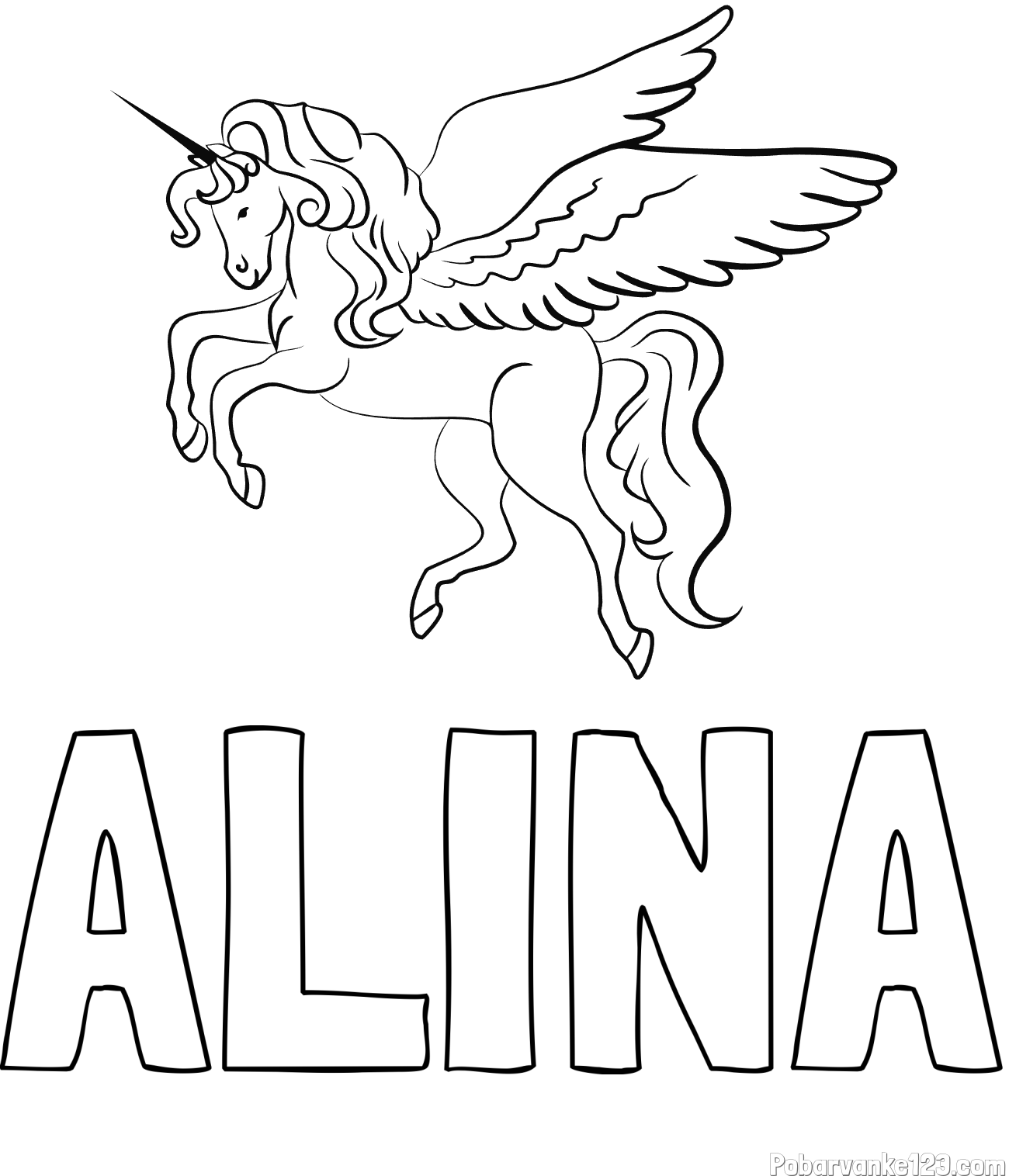 Pobarvanka imena ALINA in lepa pobarvanka samoroga