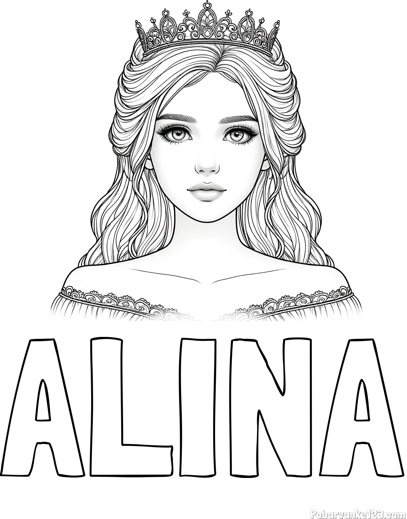 Pobarvanka imena ALINA in pobarvanka prikupne princeske s čudovitimi očmi