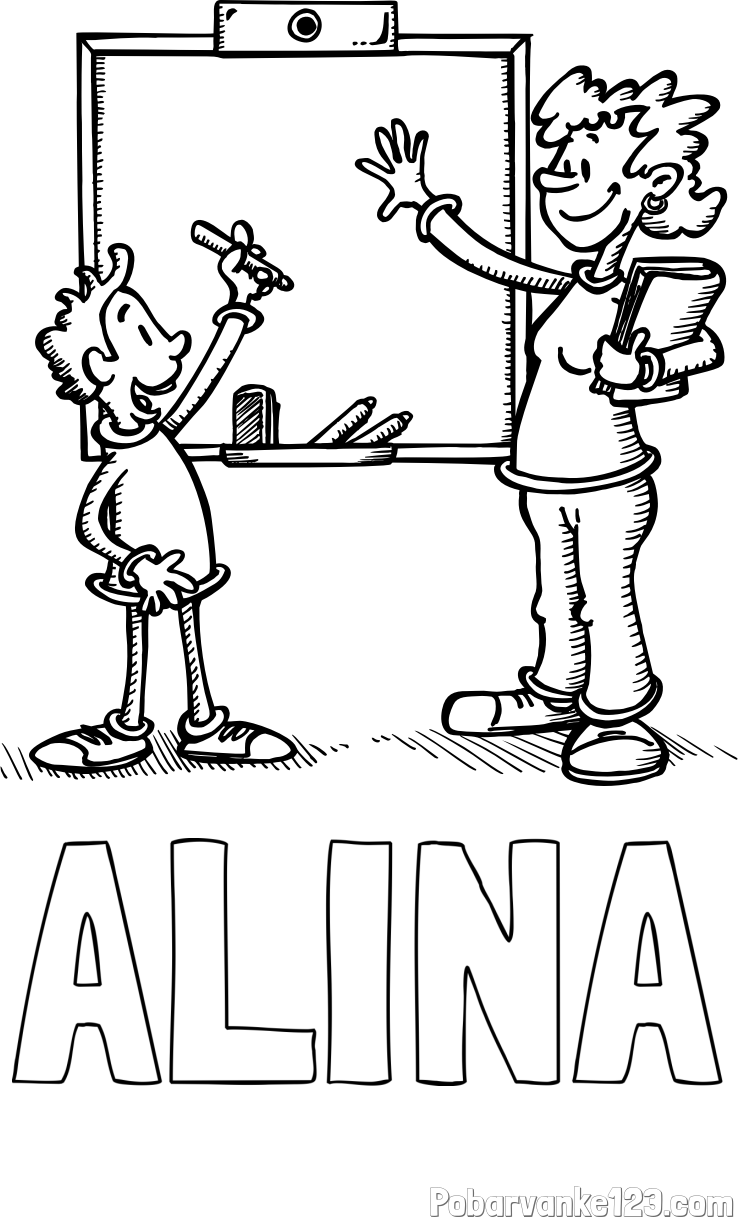 Pobarvanka imena ALINA in pobarvanka učiteljice in učenca pred tablo