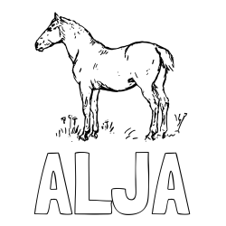 Online izdelana pobarvanka - Pobarvanka imena ALJA in pobarvanka konja na travi