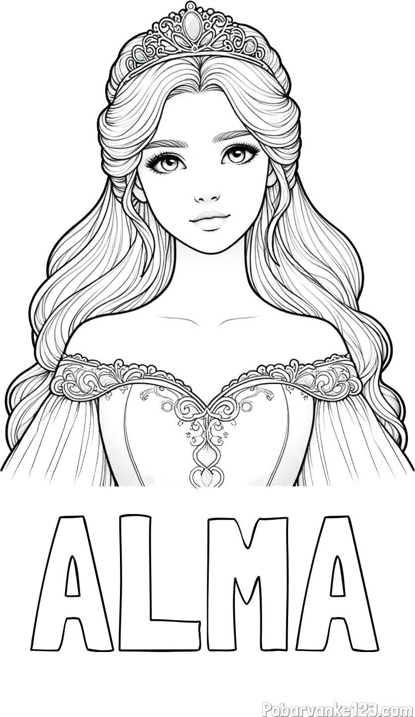 Pobarvanka imena ALMA in pobarvanka realistične princese
