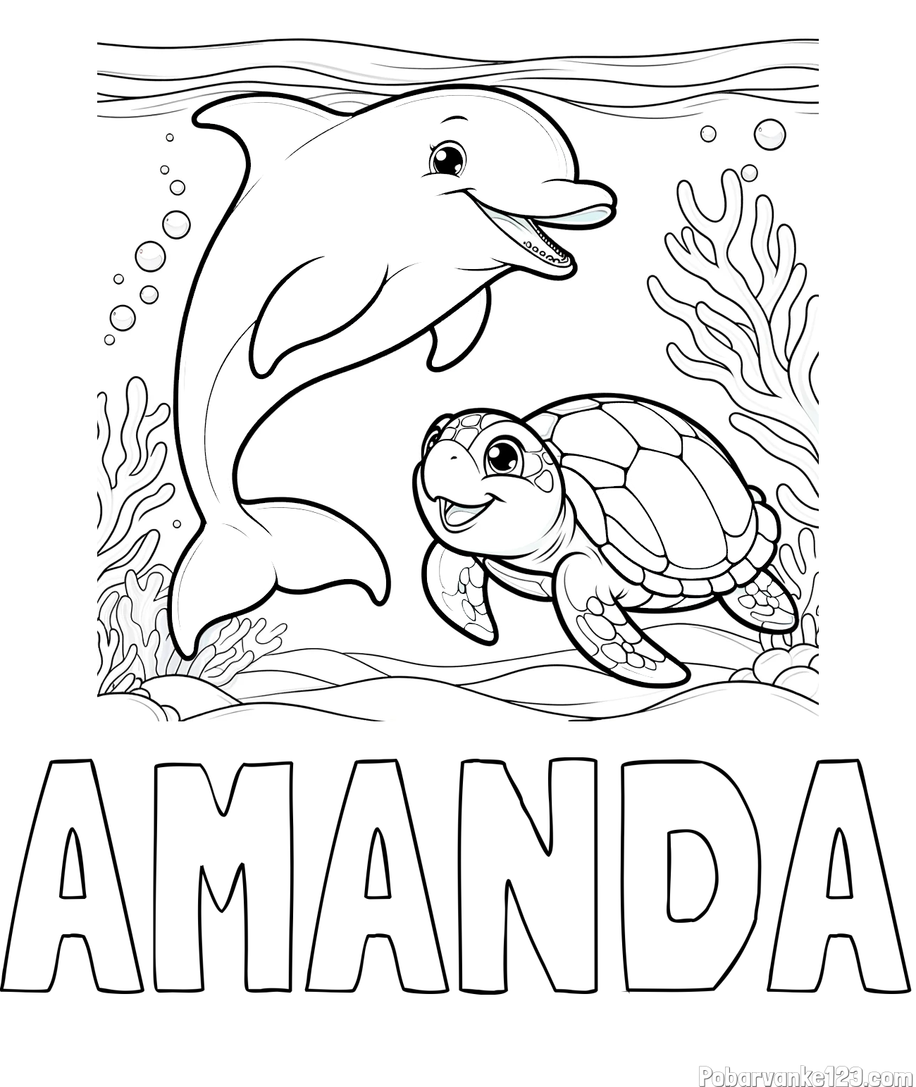 Pobarvanka imena AMANDA in pobarvanka ljubkega delfina z želvo v morju