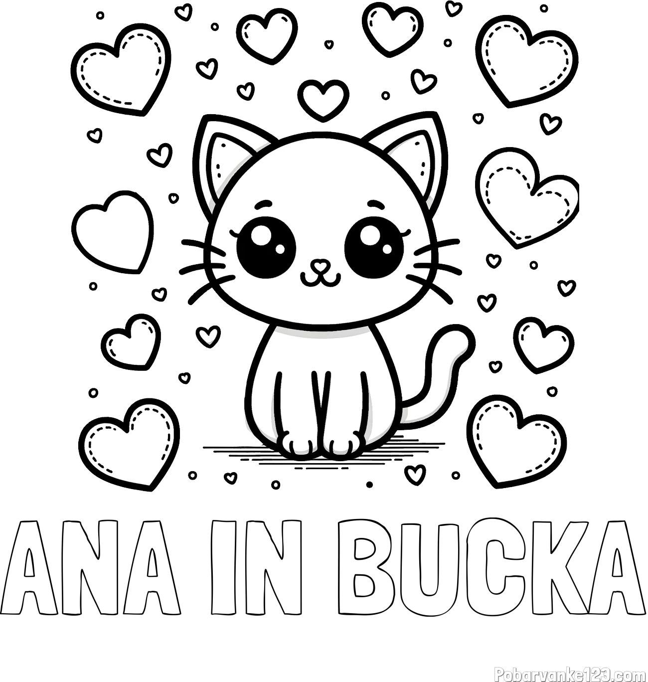 Pobarvanka imena ANA IN BUČKA in pobarvanka ljubke mucke obdane z veliko srčki