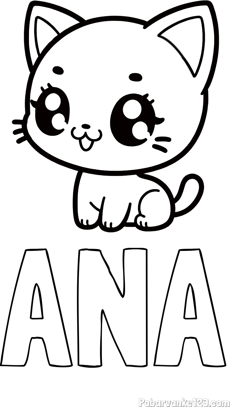 Pobarvanka imena ANA in pobarvnaka ljubke muce v anime slogu