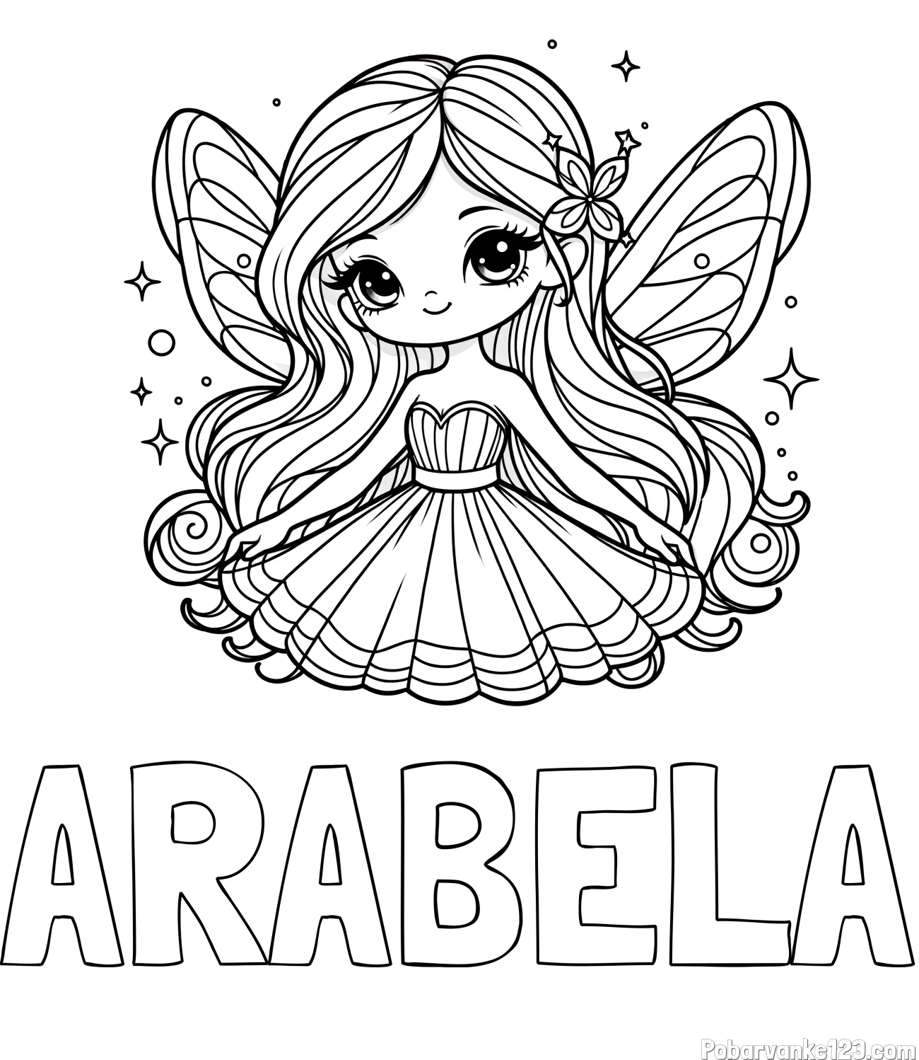 Pobarvanka imena ARABELA in pobarvanka ljubke in nasmejane čarobne vile