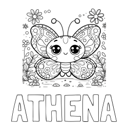 Online izdelana pobarvanka - Pobarvanka imena ATHENA in pobarvanka ljubkega metuljčka
