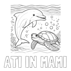 Online izdelana pobarvanka - Pobarvanka imena ATI IN MAMI in pobarvanka ljubkega delfina in njegove prijateljice želve