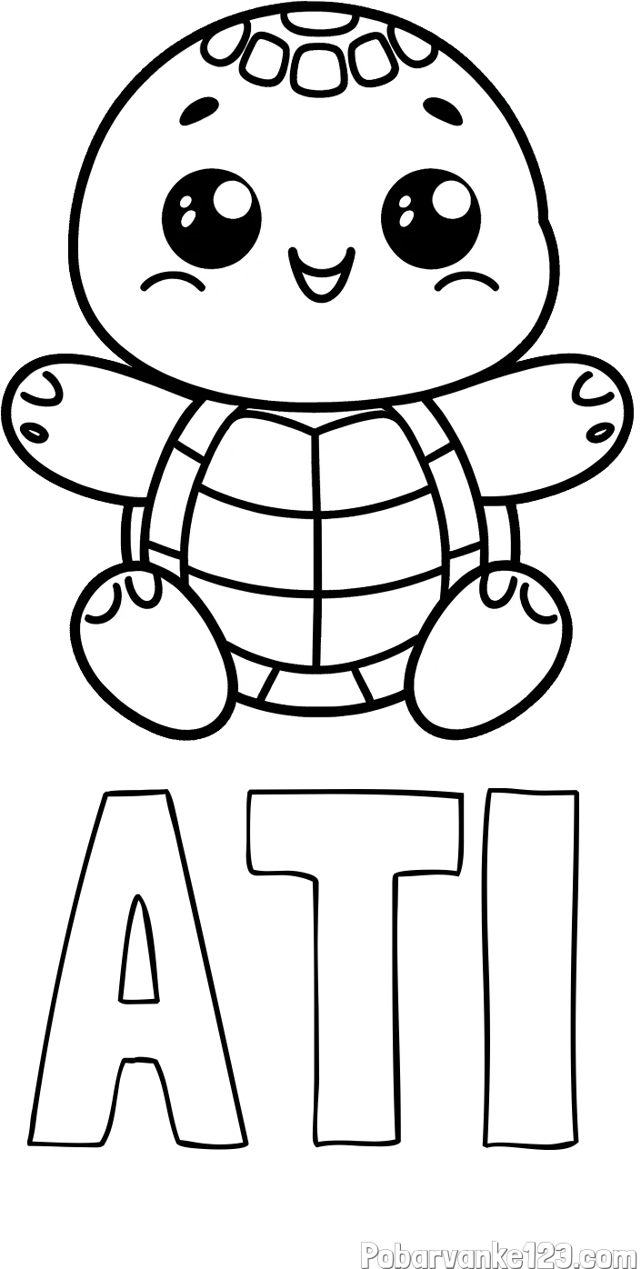 Pobarvanka imena ATI in otroška pobarvanka ljubke in nasmejane želvice
