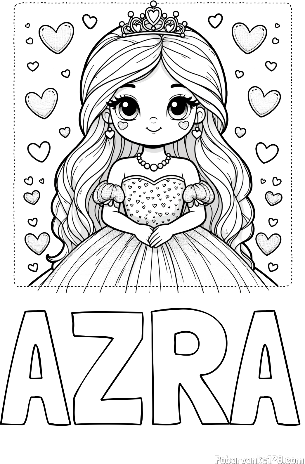 Pobarvanka imena AZRA in pobarvanka ljubke princese obdane s srčki
