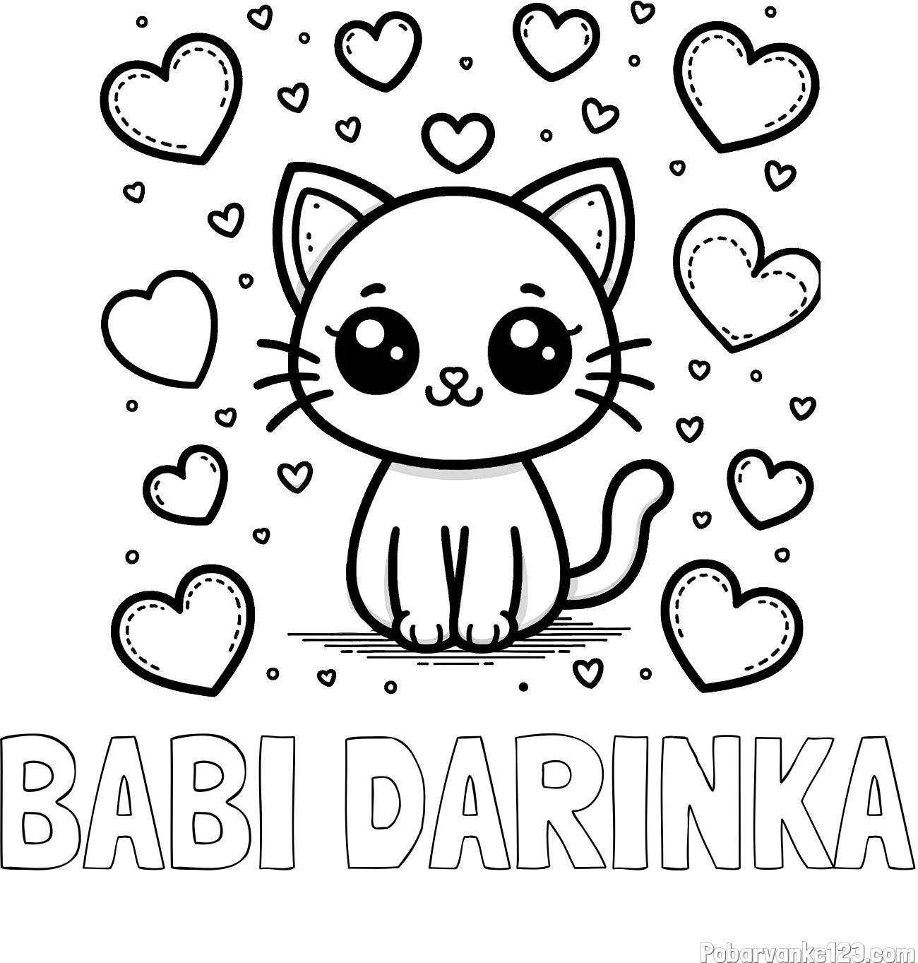 Pobarvanka imena BABI DARINKA in pobarvanka ljubke mucke obdane z veliko srčki