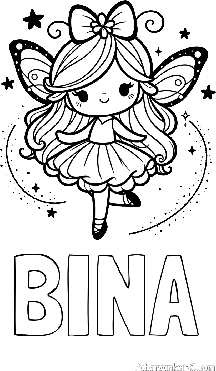Pobarvanka imena BINA in ljubka čarobna vila