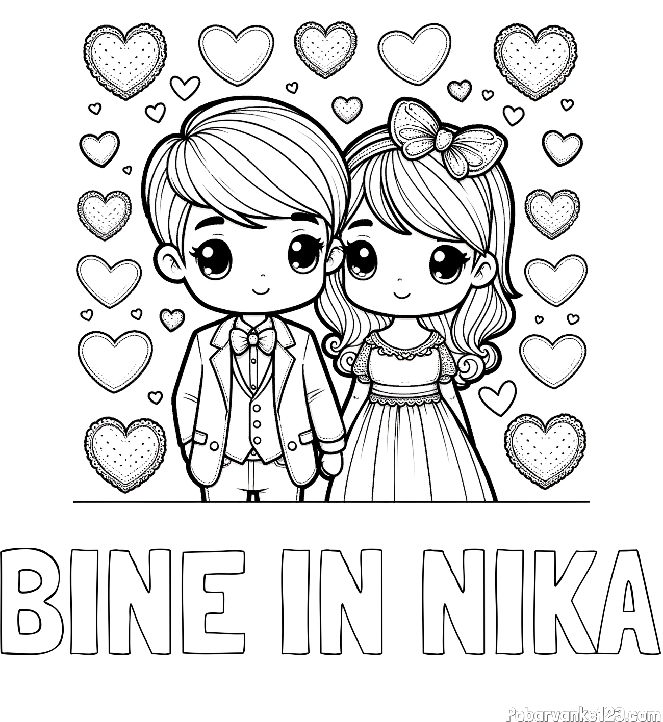 Pobarvanka imena BINE IN NIKA in pobarvanka dveh zaljubljencev s srčki