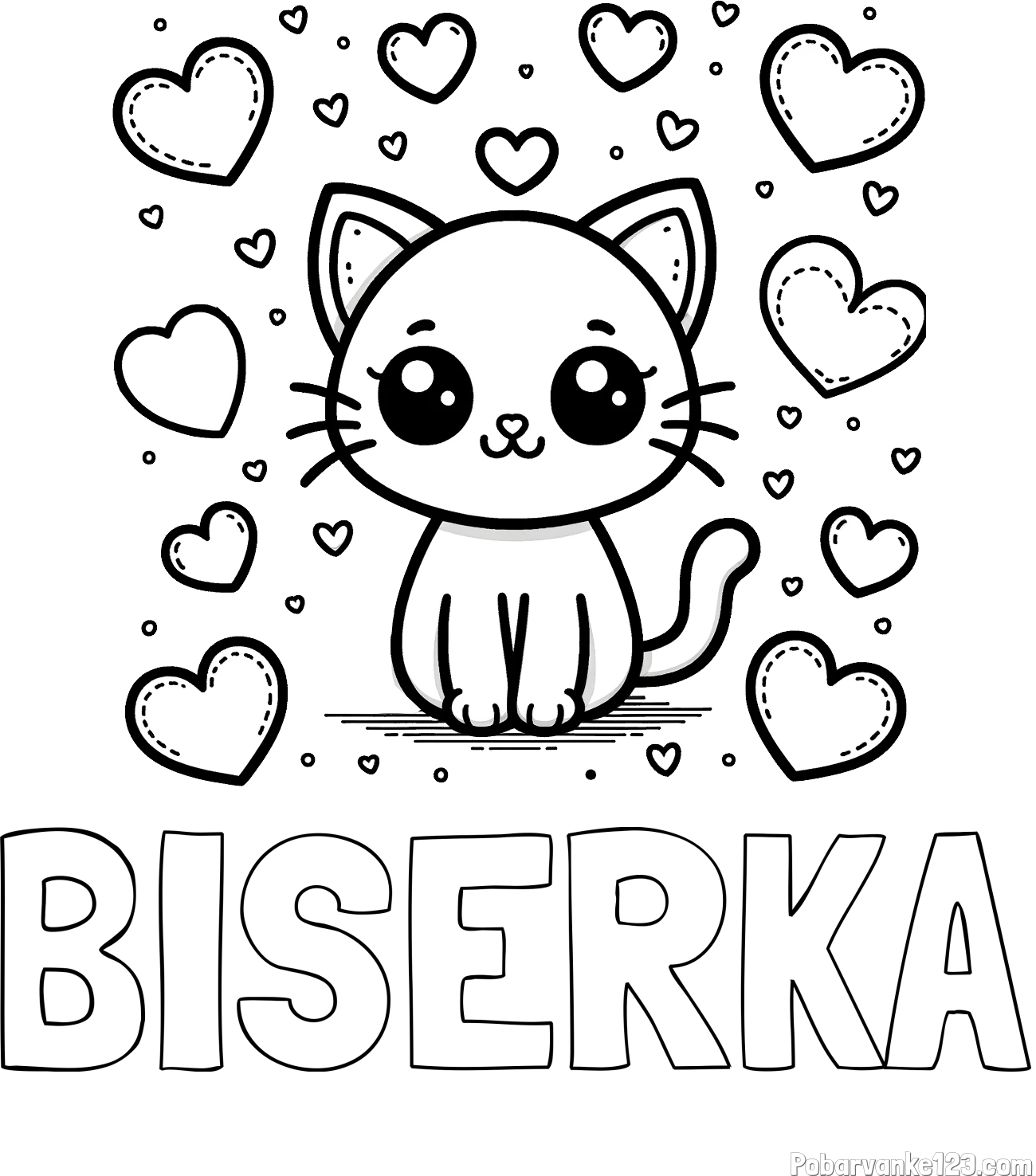 Pobarvanka imena BISERKA in pobarvanka ljubke mucke obdane z veliko srčki