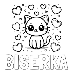 Online izdelana pobarvanka - Pobarvanka imena BISERKA in pobarvanka ljubke mucke obdane z veliko srčki