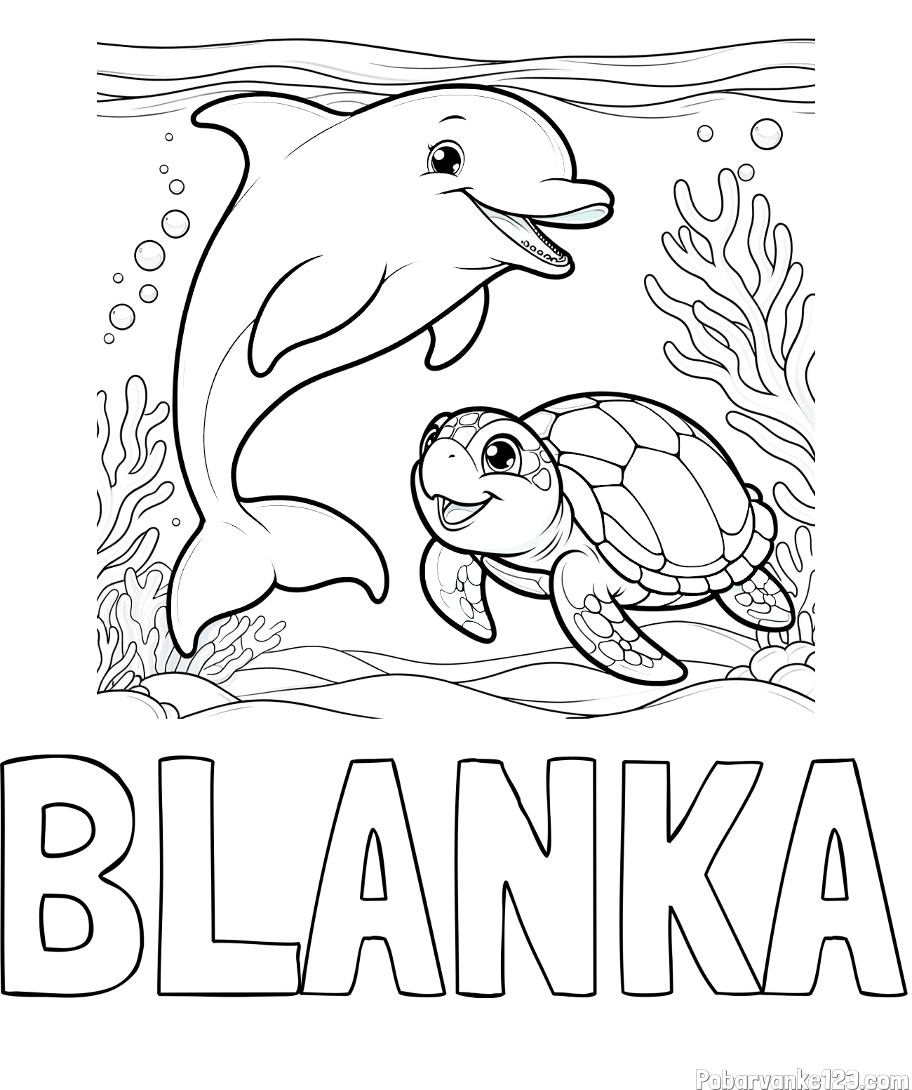 Pobarvanka imena BLANKA in pobarvanka ljubkega delfina z želvo v morju