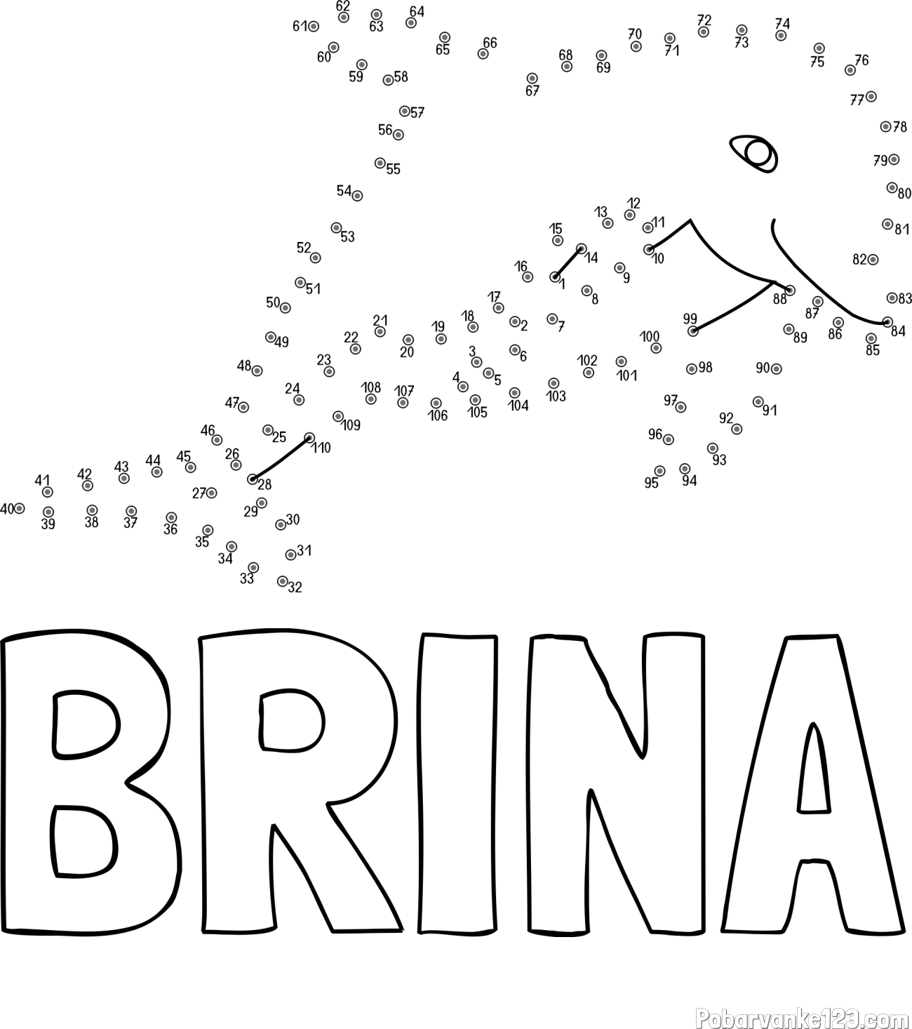 Pobarvanka imena BRINA in pobarvanka delfina - poveži številke