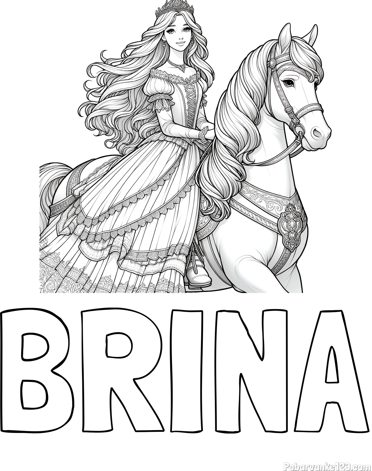 Pobarvanka imena BRINA in pobarvanka nasmejana princese na konju