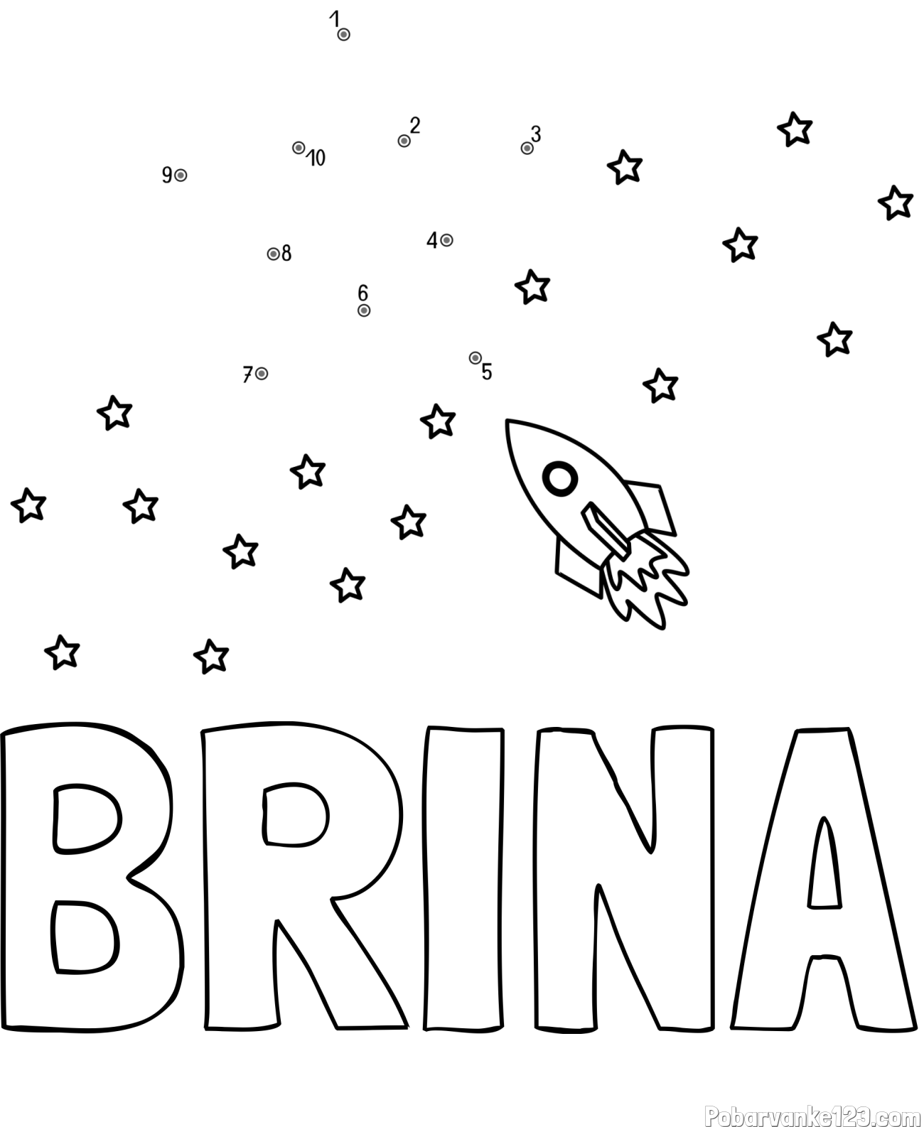 Pobarvanka imena BRINA in pobarvanka poveži številke - vesoljska tematika