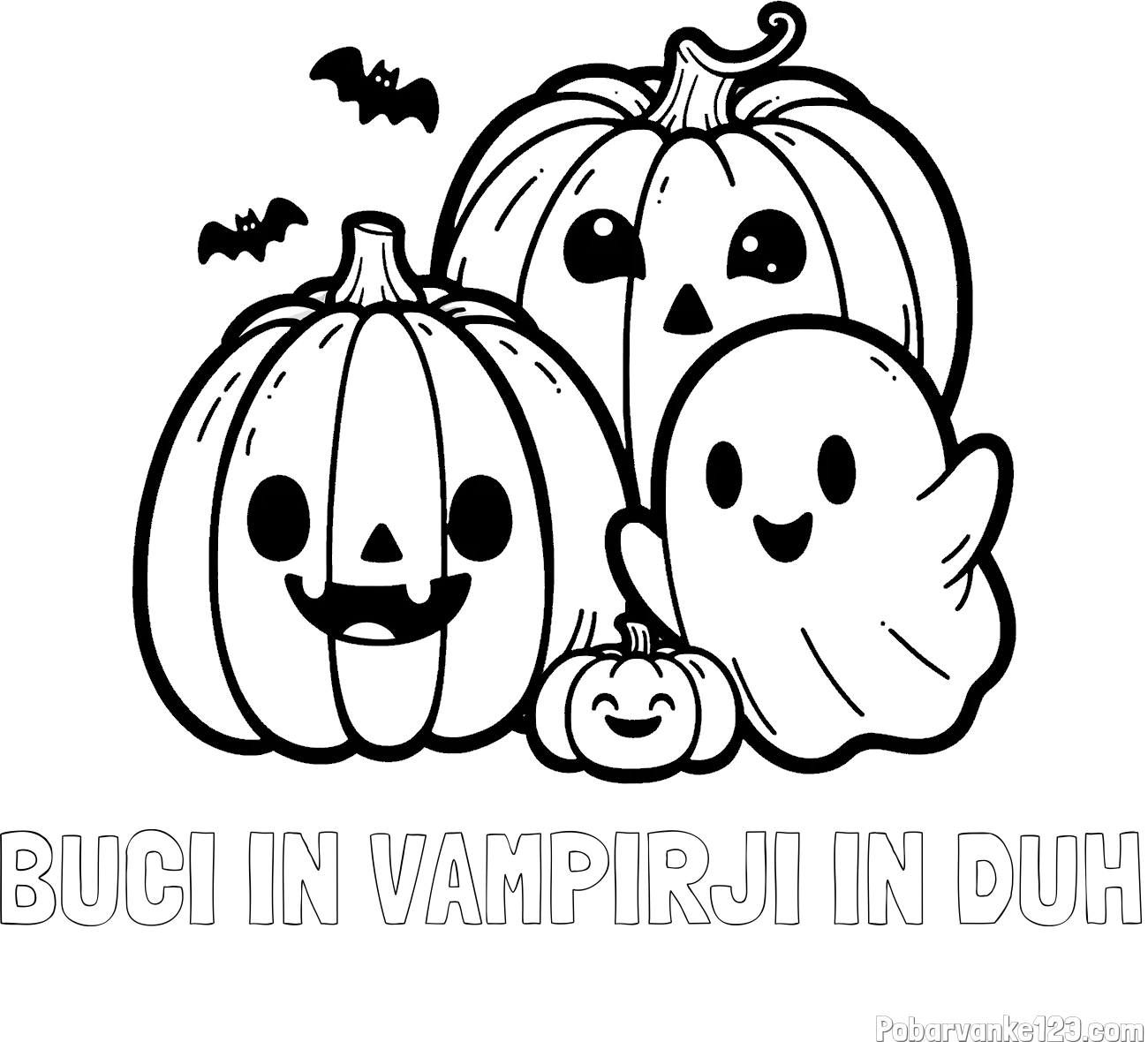 Pobarvanka imena BUČI IN VAMPIRJI IN DUH in pobarvanka duhca in buč za noč čarovnic