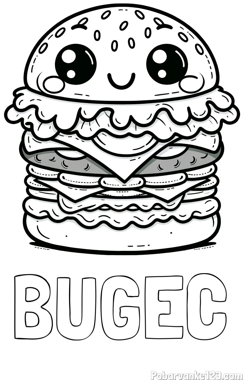 Pobarvanka imena BUGEC in otroška pobarvanka nasmejanega hamburgerja