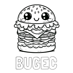 Online izdelana pobarvanka - Pobarvanka imena BUGEC in otroška pobarvanka nasmejanega hamburgerja